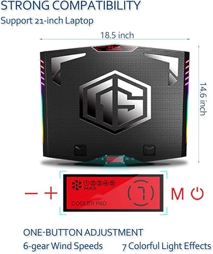 Miniatura 4 de MeFee - Almohadilla de refrigeración RGB para laptop de 15.6 a 21 pulgadas con 6 ventiladores silenciosos y control de botón, enfriador portátil