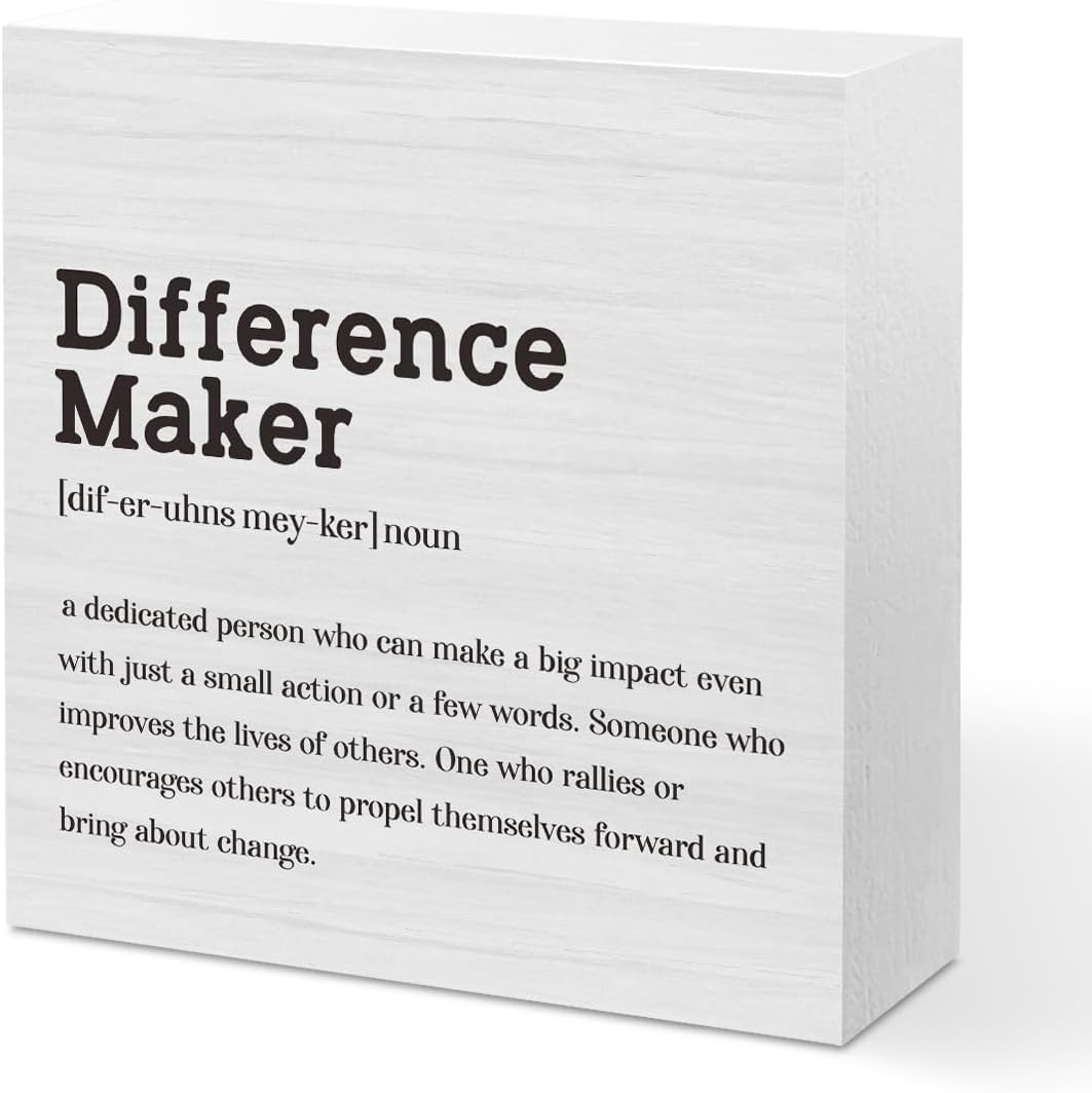 Difference Maker Definition Home Office Decor Wooden Box Sign Motivational Farmhouse Decorative Positive Office Desk Accessories Wood Plaque Affirmations Wood Table Sign for TV Cabinet Shelf