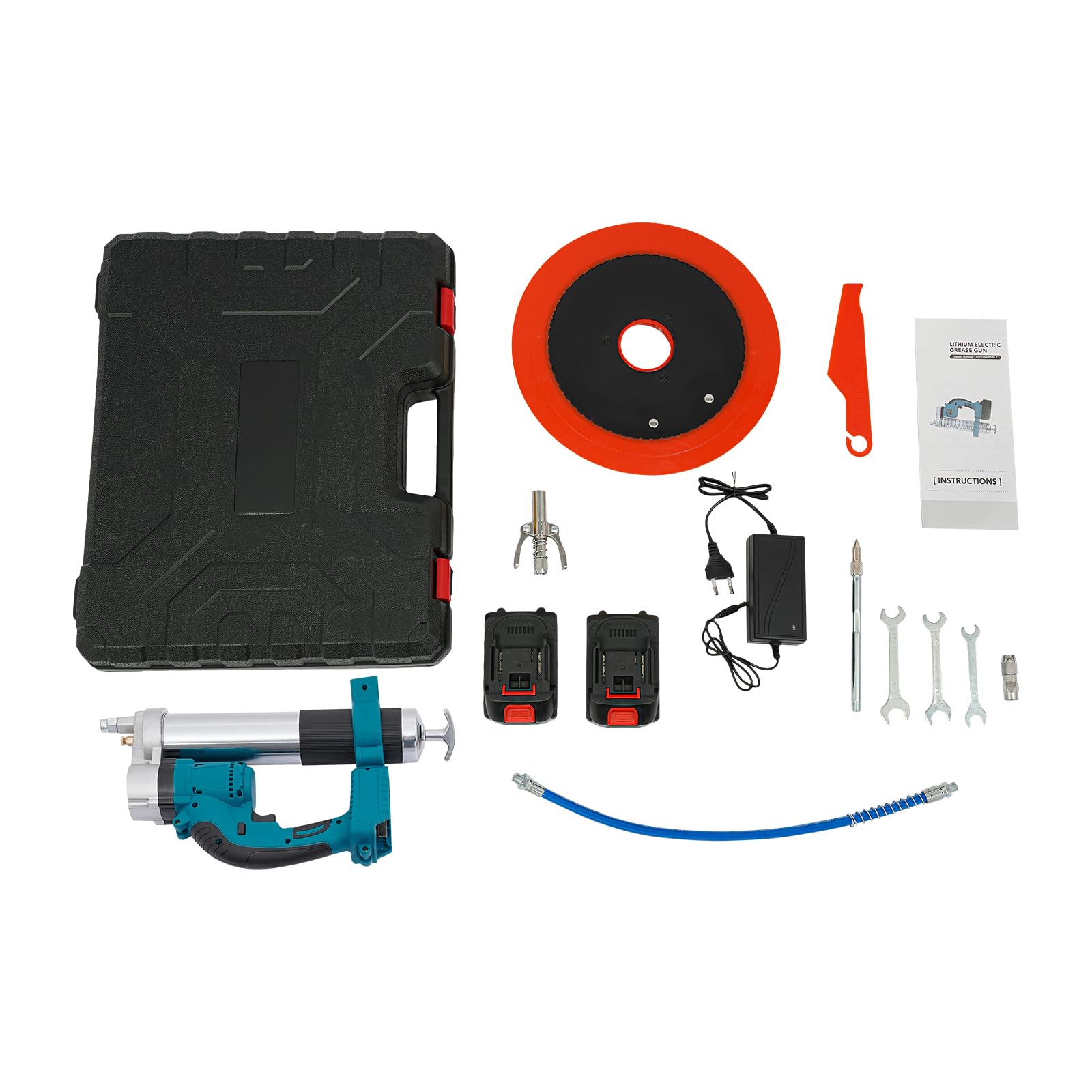 Grassatrice a batteria da 21 V, motore brushless da 300 W, 8500 PSI, 177 ml/min, 400 cc, 2 × batterie da 1,5 Ah, caricabatterie, pressa a cartuccia a batteria con bocchino per grassatrice e cartuccia