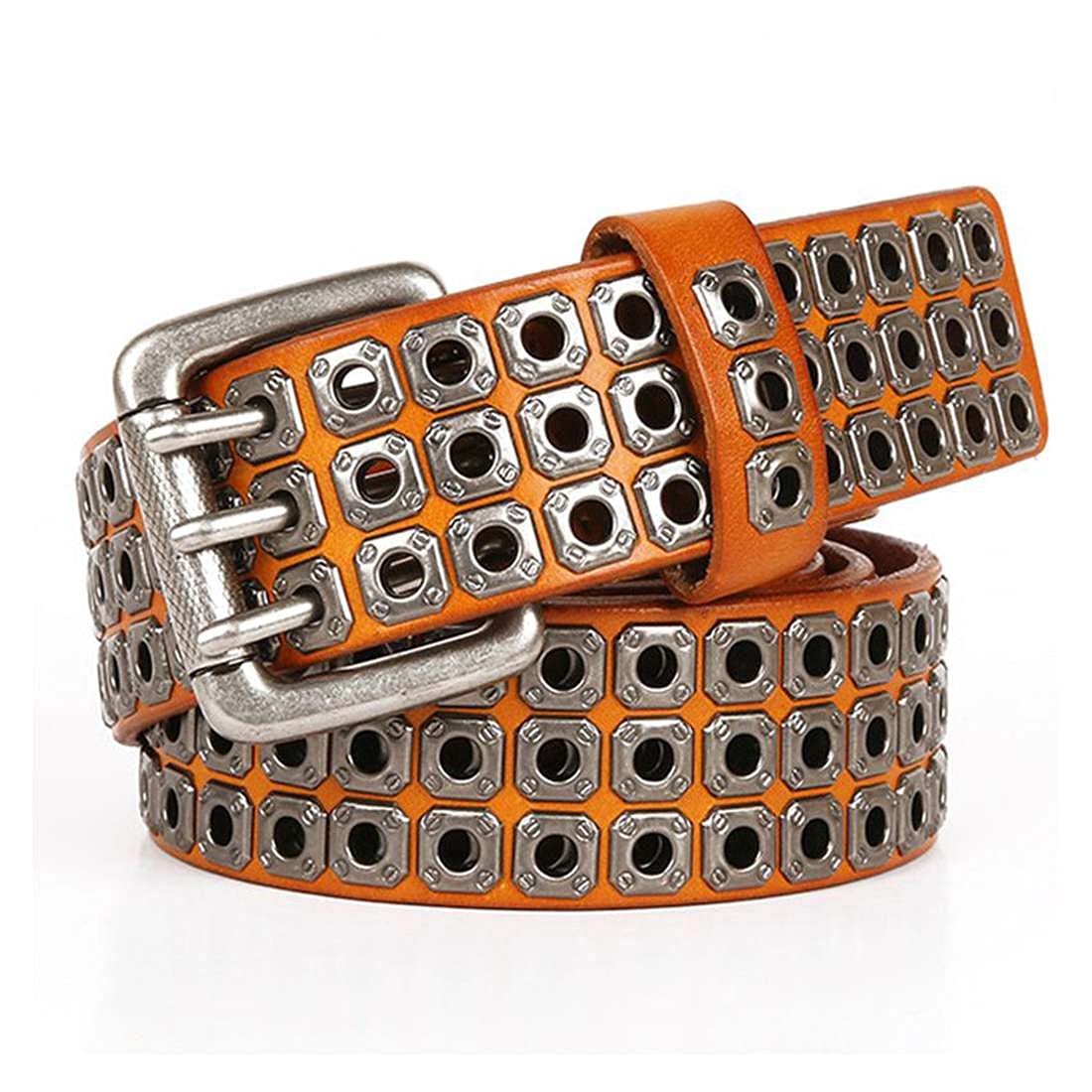 JNKET Punk Rock Hollow Out Studded Belt Men Cowhide Cinturon Pin Buckle Belt Jean Belts (120cm, Brown)