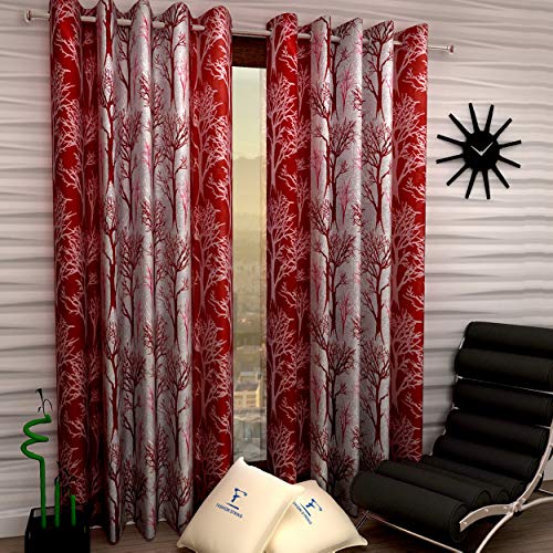 Image of Fashion String 2 Piece Abstract Tree Eyelet Polyester Long Door Curtains - 9 Feet, Maroon