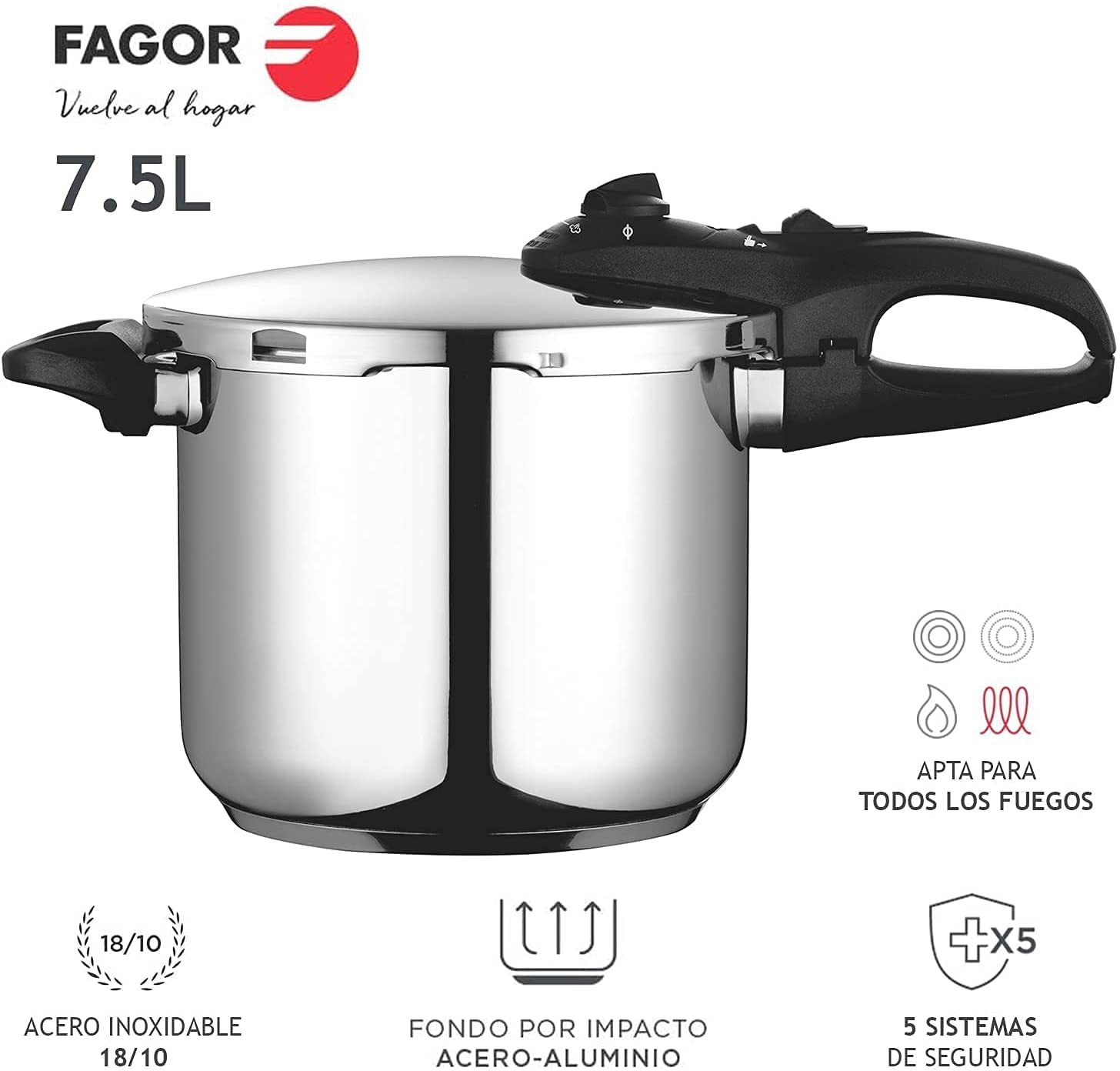 Fagor Duo Olla a Presión 7,5 Litros, Inducción, Express Super Rápida, Acero Inox. 18/10, Todo Tipo Cocinas, Fondo Termo Difusor, 2 Niveles de Presión, 5 Sistemas de Seguridad, Incluye Cestillo