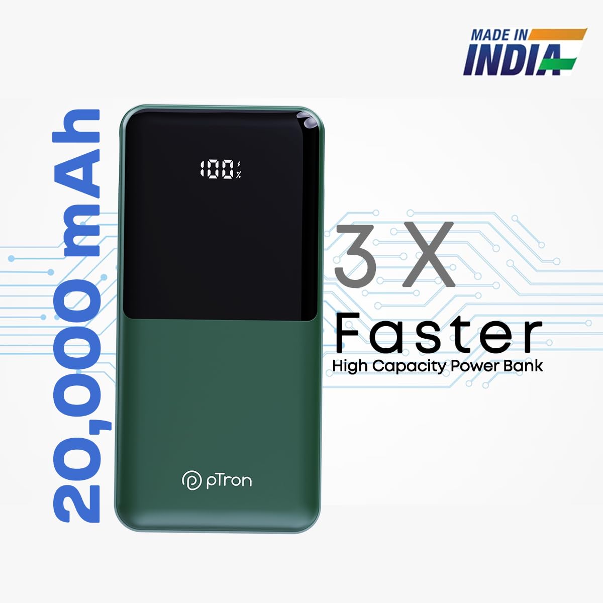 pTron Dynamo Ultra 20000mAh Power Bank, 22.5W Superfast Charging, Compact Size, Type-C/PD 20W Fast Charging, Supports VOOC/Wrap/Dash/Quick Charge Protocols, 3 Output Ports, Type-C Input/Output (Black)