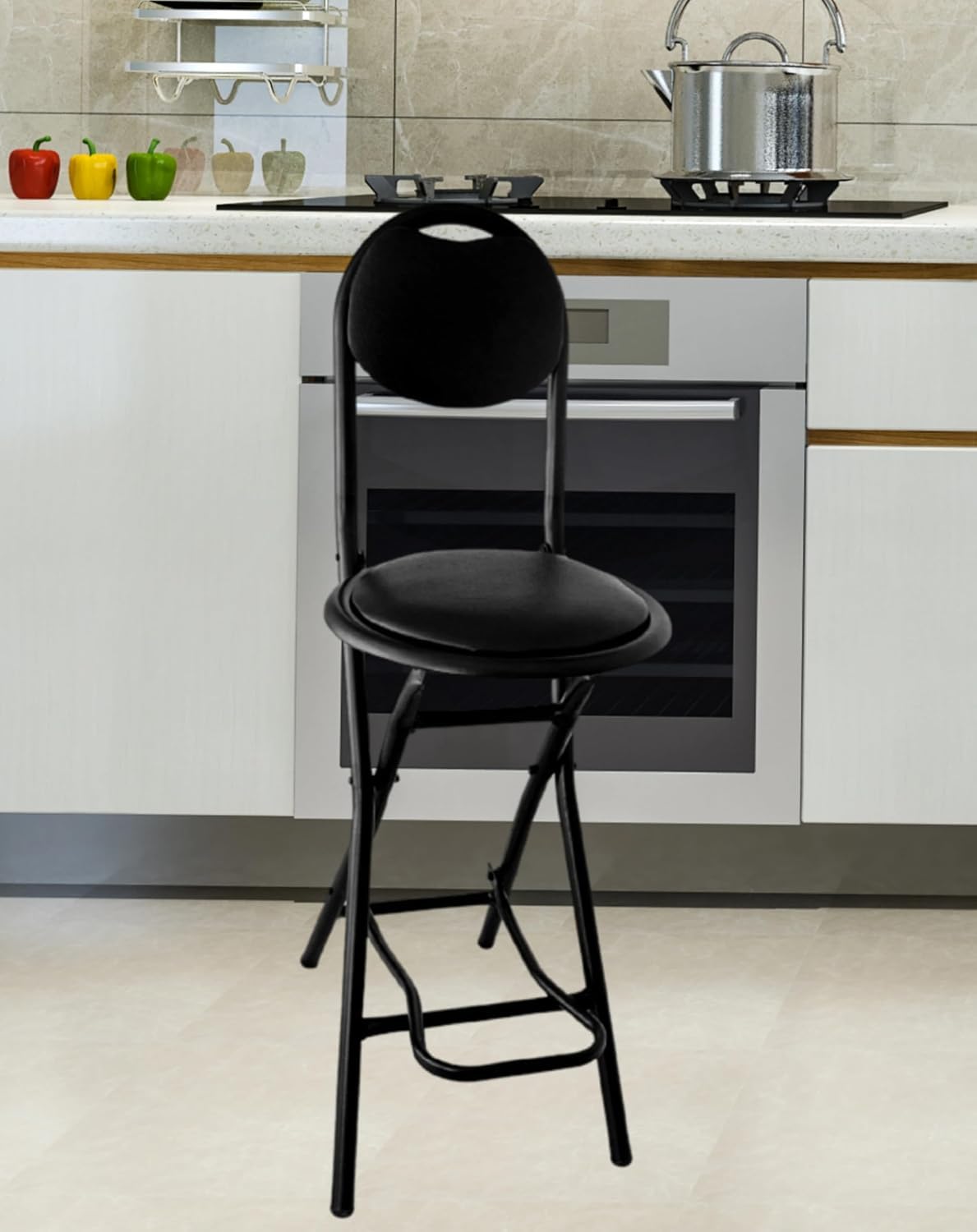 Folding Kitchen Bar Stool Chair – 24 Inch Height, Faux Leather Seat, Space Saving, Metal Frame with Footrest, Power-Coated Finish, Lightweight (4 kg), Weight Capacity 120 kg – Black-image-4