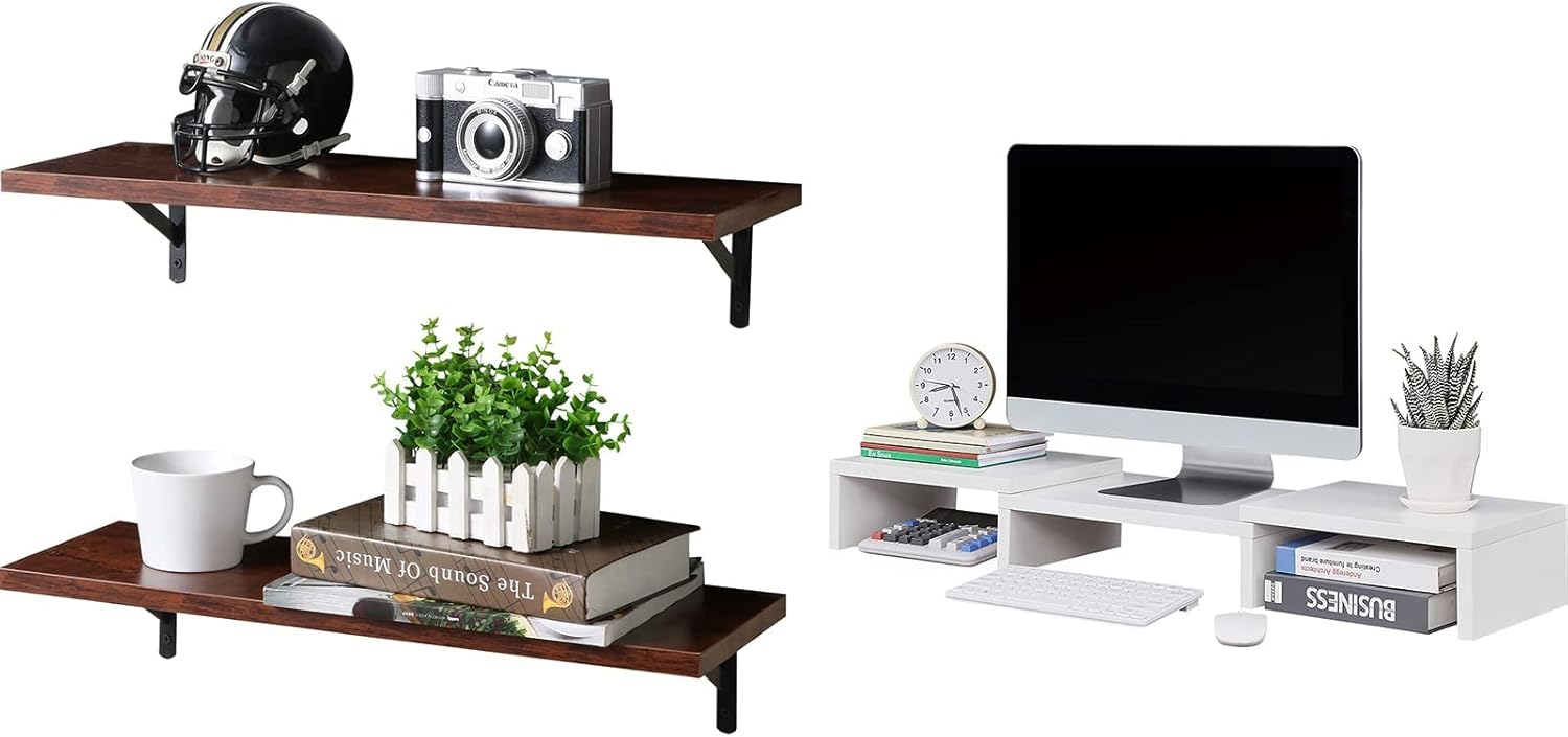 SUPERJARE Wall Mounted Floating Shelves and Dual Monitor
