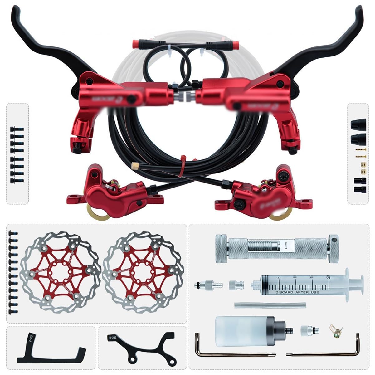 Set Freni A Disco Idraulici per E-Bike A 4 Pistoncini con Rotori da 203mm Kit Freni con Spegnimento A 2 Pin con Tubo da 2300mm/adattatore/strumenti(Red-203mm)
