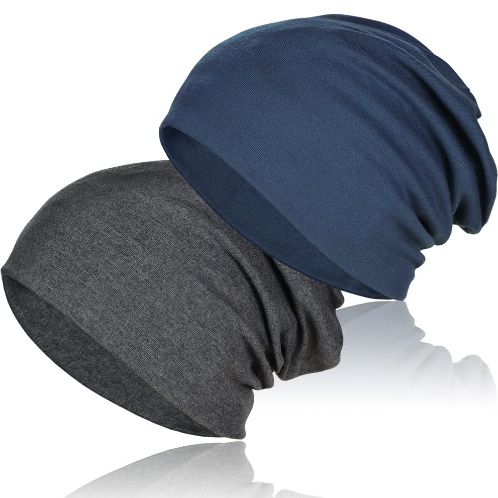 TSKNOMO2 Pieces Soft Cotton Slouchy Beanie, Lightweight Workout Beanie Hats Baggy Skull Cap Stretchy Chemo Hats for Men Women