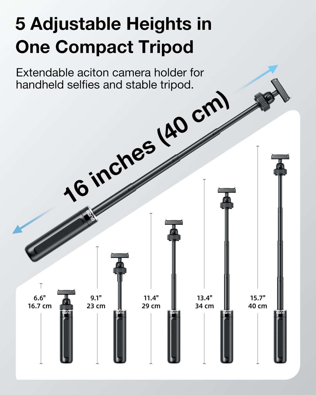 llano 40 cm Magnet Action Kamera Stativ für DJI Osmo Action 5 pro/4/3, Osmo 360, ausziehbares Mini-Stativ mit Magsafe-Schnellwechseladapter, 360°Kugelkopf, Kleiner Selfie-Stick,Schwarz