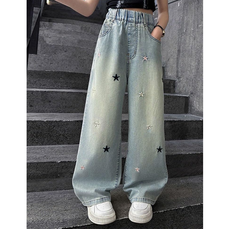4-10T Little Big Girls Jeans, Star Print Elastic Waist Jeans Wide Leg Cute Denim Pants2