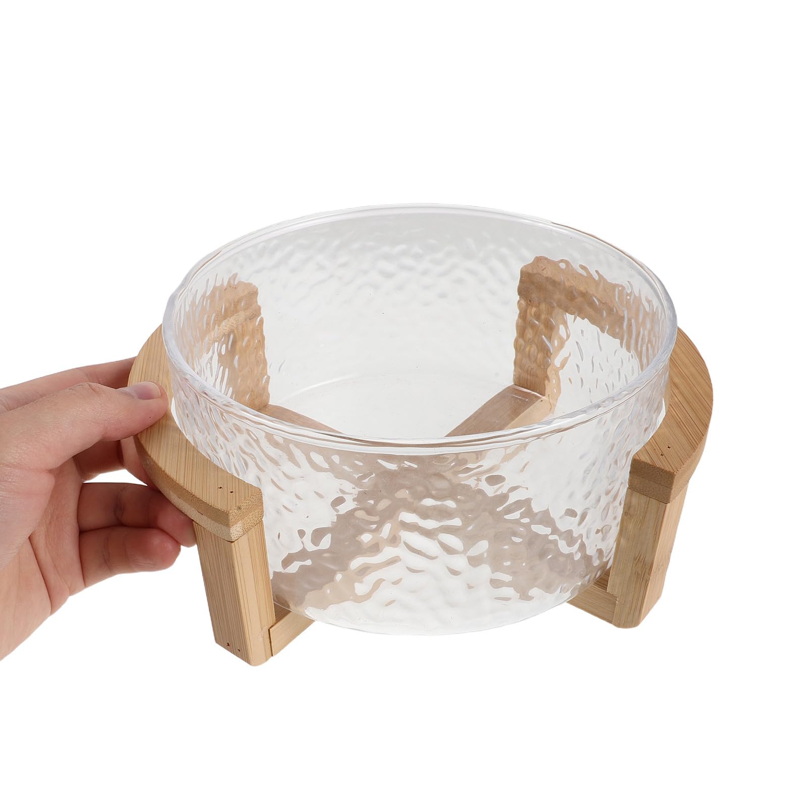 Bol para Ensalada de Vidrio con Soporte de Bambú Seguro, Tamaño 21x17.5x10cm, Diseño Elegante y Versátil para Servir Postres y Fiestas