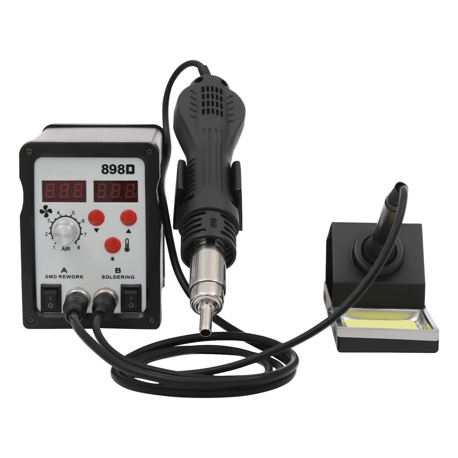 Stacja lutownicza 220 V, 750 W, pistolet na gorące powietrze i stacja rozlutowująca, regulacja temperatury, inteligentna hibernacja, trzy rozmiary dysz (10 mm/8 mm/5 mm), do termokurczliwości