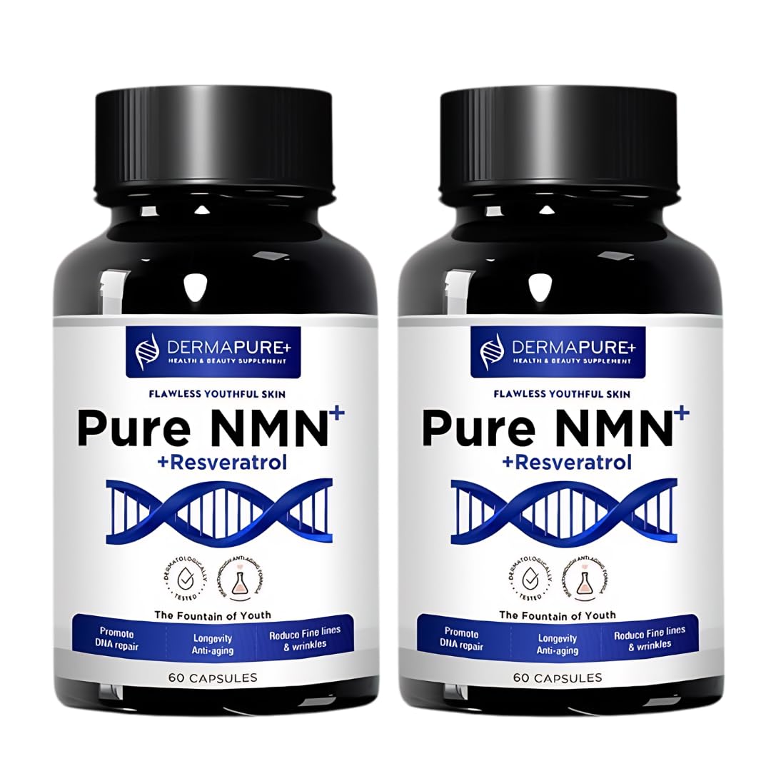 DermaPure+ NMN+ Supplement – 4-in-1 with Resveratrol | Niacinamide | Vitamin E – Anti-Aging, Supports Cellular Energy & NAD+ Levels | 3rd-Party Tested, GMP-Certified & FDA-Facility Made (2 Pack) C. 2 Boxes