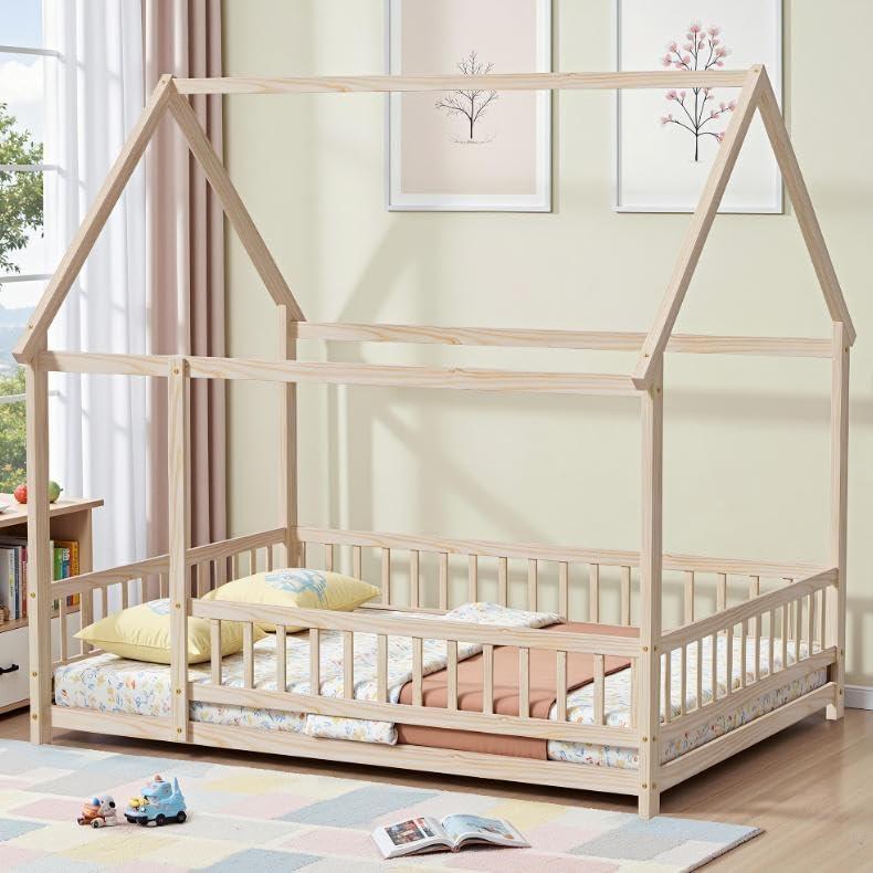 LLS Full Size House Bed with Fence, Wooden Montessori Bed with Roof Design, Floor Bed Frame for Boys Girls Bedroom, Natural