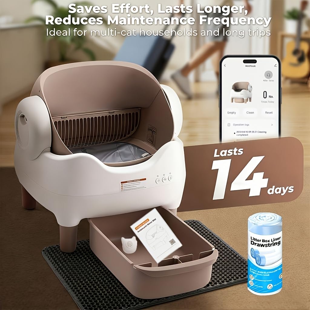 Extra-large Smart Self-cleaning Cat Litter Box, Smart Litter Box With App-Controlled Automatic Cleaner, Built-in Ambient Light & Dual Odor Elimination, 2-Week Automatic Maintenance, Large Waste Bin