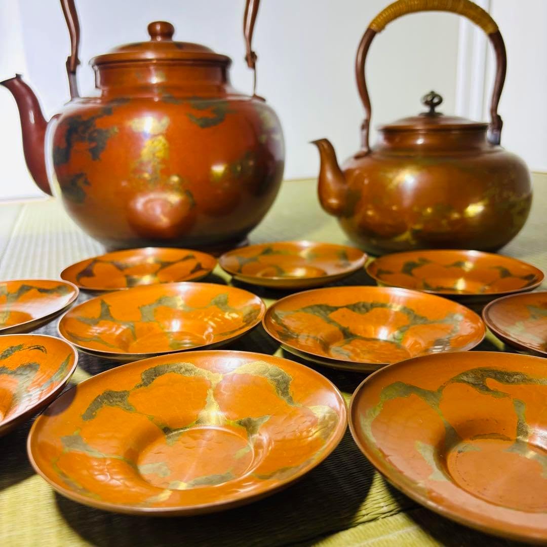 山川堂　夫婦薬缶　茶托　金彩　鎚起銅器口蓋付水次 大型 水注 湯沸し 茶道具 山川堂 夫婦薬缶 茶托 金彩 鎚起銅器口蓋付水次 大型 水注 湯沸し