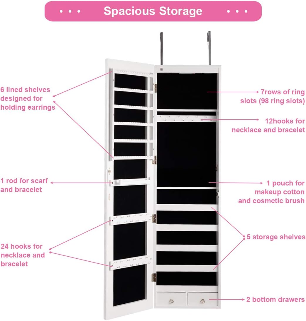 GOFLAME Jewelry Cabinet Wall Door Mounted, 47.5” Frameless Full Length Mirror with Storage & LED Lights, Lockable Jewelry Armoire Organizer for Women, Girls, White