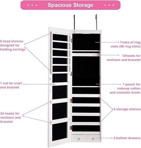 Vista 5 de GOFLAME Armario de joyería montado en la puerta, espejo de longitud completa sin marco de 47.5 pulgadas con almacenamiento y luces LED, organizador