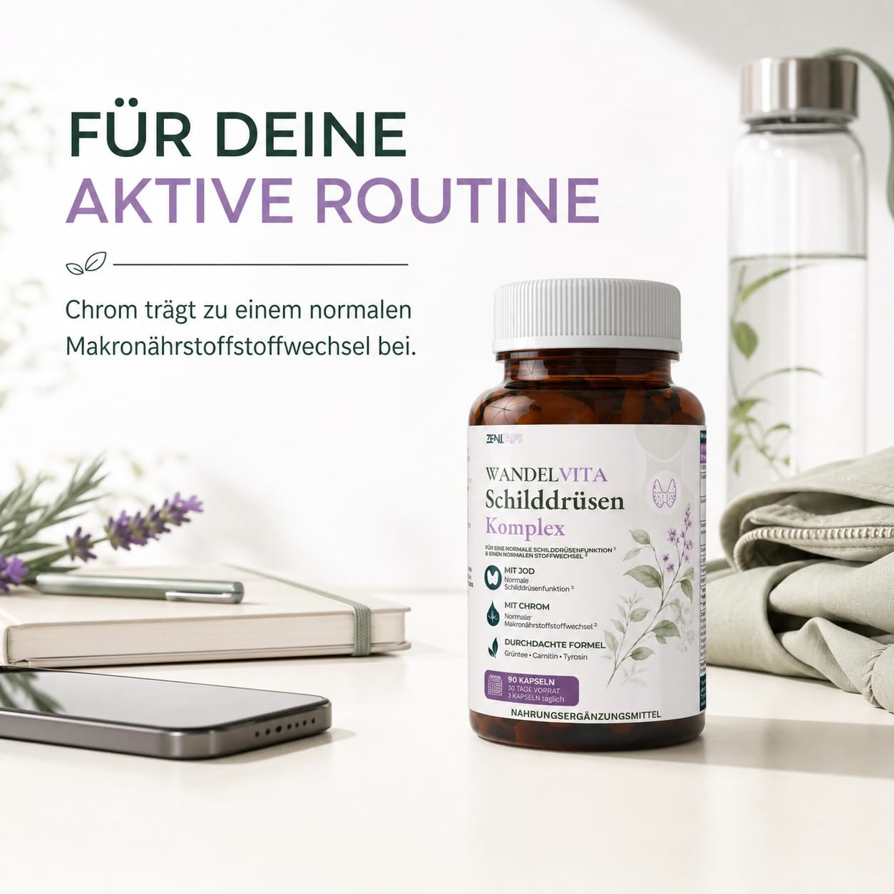 WANDELVITA Schilddrüsenkomplex – 90 vegane Kapseln – mit Jod & Chrom für normale Schilddrüsenfunktion und normalen Makronährstoffstoffwechsel – L-Carnitin, Grüntee, Grünkaffee, Tyrosin