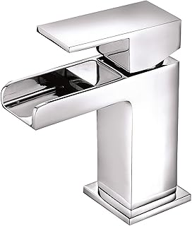 Square Waterfall Basin Taps, Modern and Luxury Design Bath Bathroom Sink Mixture Tap with G1/2 UK Standard Hose Faucet Single Lever Monobloc Bathroom Taps with Chrome Finish for Cloakroom Washroom