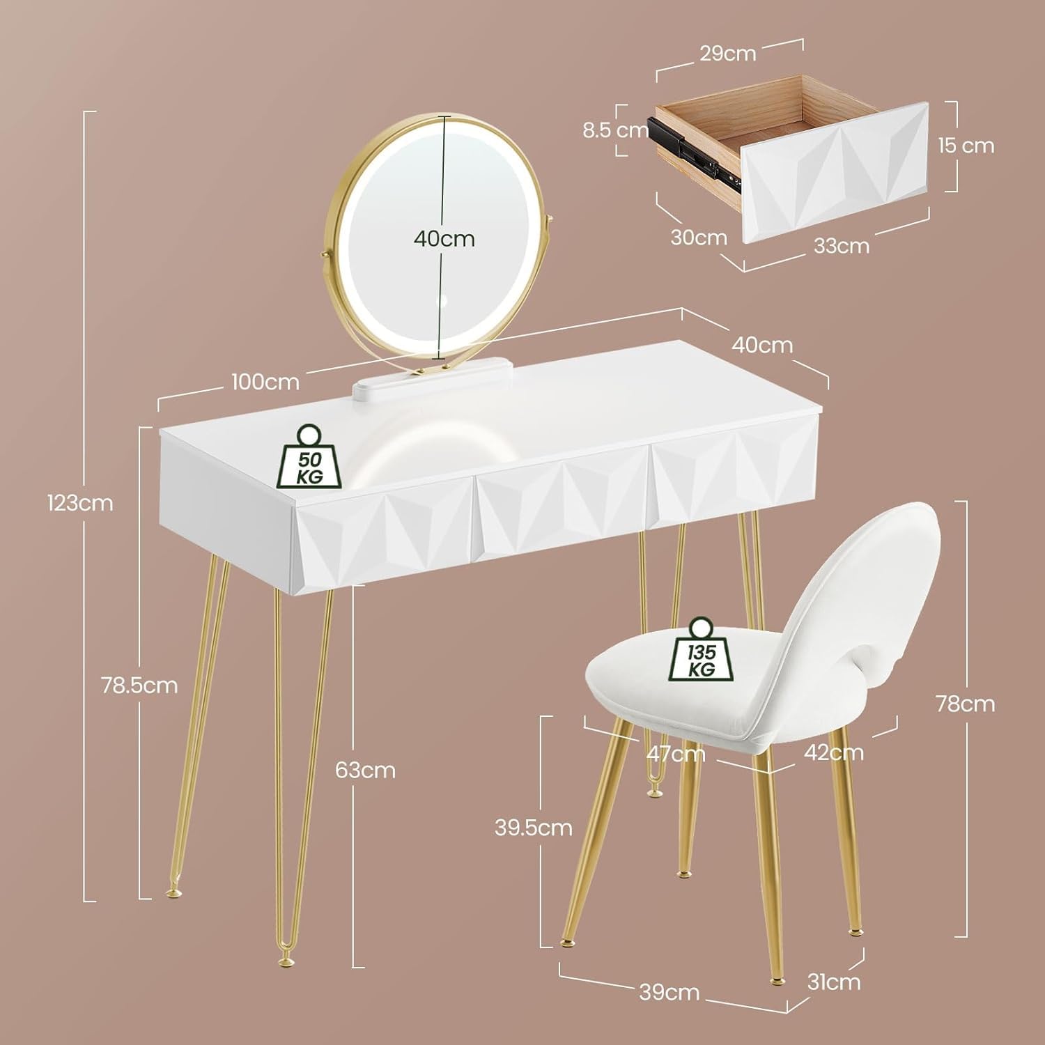 EUGAD Toeletta da Trucco con Luci LED, Luminosità Regolabile, Postazione da Trucco con Sedia in Velluto, con 3 Cassetti, Assemblaggio facile, Bianco e Dorato