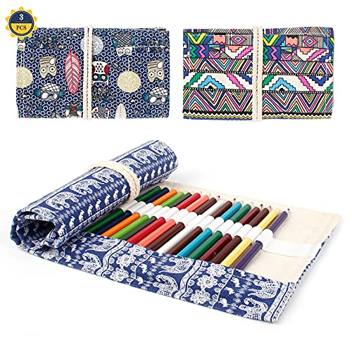Aipaide 3 Stück Leinwand Stifterolle 36 Stifte Federmäppchen Buntstifte Tasche Bleistift Wrap Organizer Tragbar Stifterolle Mäppchen Bleistifthalter für Künstler Schule Büro