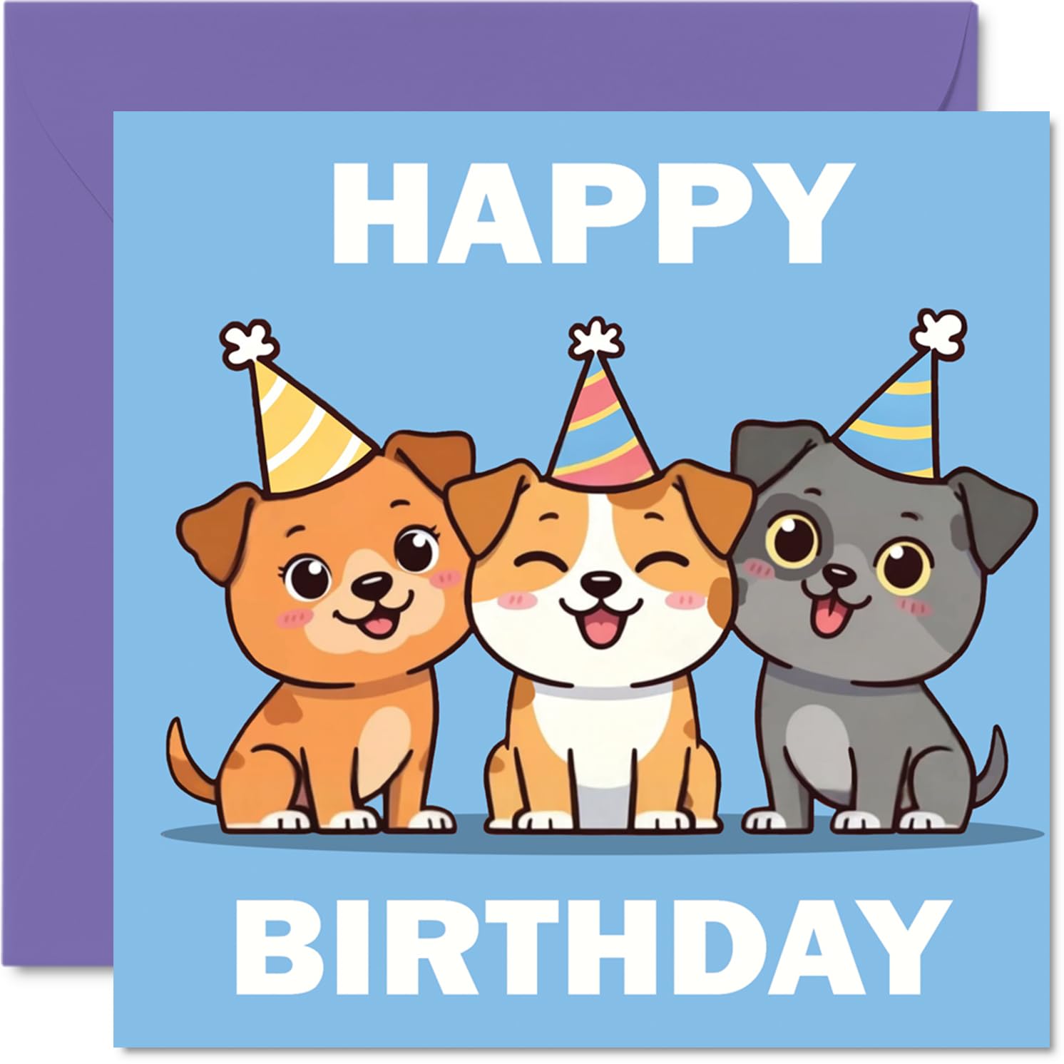 Playful Birthday Card - Party-loving Pups Bring Birthday Cheer - Three Cartoon Dogs in Hats on a Vibrant Backdrop - Guaranteed to Raise a Grin - 145mm Square, Envelope Included