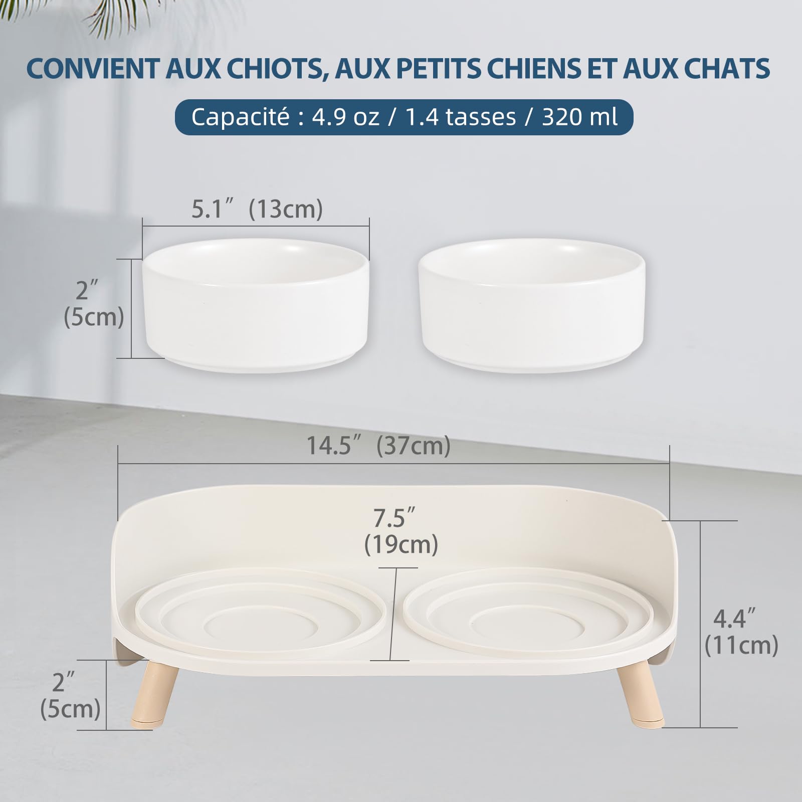Double Gamelle Chat Surélevée en Céramique - Gamelle pour Chat avec Support Antidérapant - Bols pour Eau et Nourriture, Anti-Éclaboussures, pour Chiots et Petits Chiens - 2 x 320 ML - Blanc