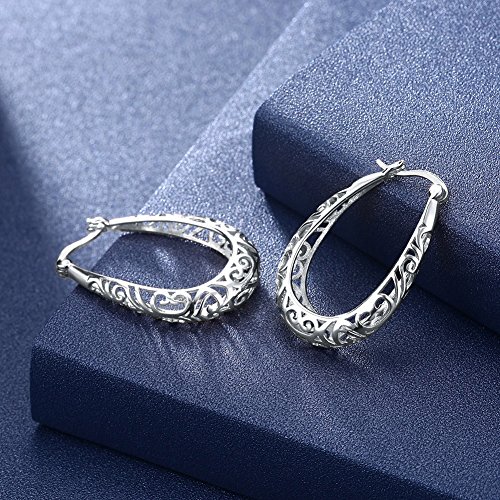 Vintage Filigree 925 Sterling Silver Oval Chandelier Small Hoop Earrings for Women Fashion Boho Hollow-out Texture Flower Dainty Teardrop Huggie Hoops Dangle Hypoallergenic Click Top Trendy Jewelry Christmas Gifts Birthday3