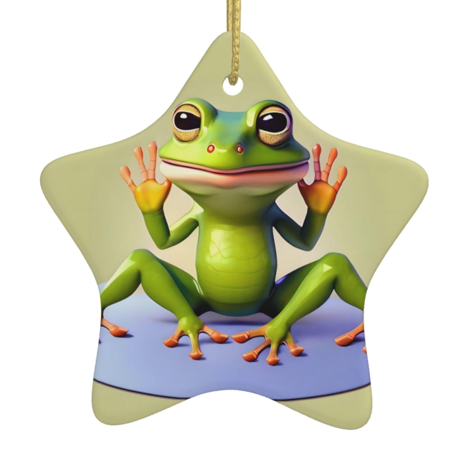The Funny Frog Doing Yoga Christmas Ceramic Star Pendant with Punched Holes and Gold Wire Rope, Christmas Tree Home Decoration