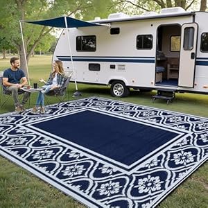 PureCozy Outdoor Teppich Wetterfest, Kunststoff Stroh Faltbar Waschbar UV-beständig Wendbar Balkon Garten Teppich für Terrasse Camping Picknick RV (240 x 300 cm, Blau & Weiß)