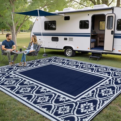 Outdoor Teppich Wetterfest, Kunststoff Stroh Faltbar Waschbar UV-beständig Wendbar Balkon Garten Teppich für Terrasse Camping Picknick RV (240 x 300