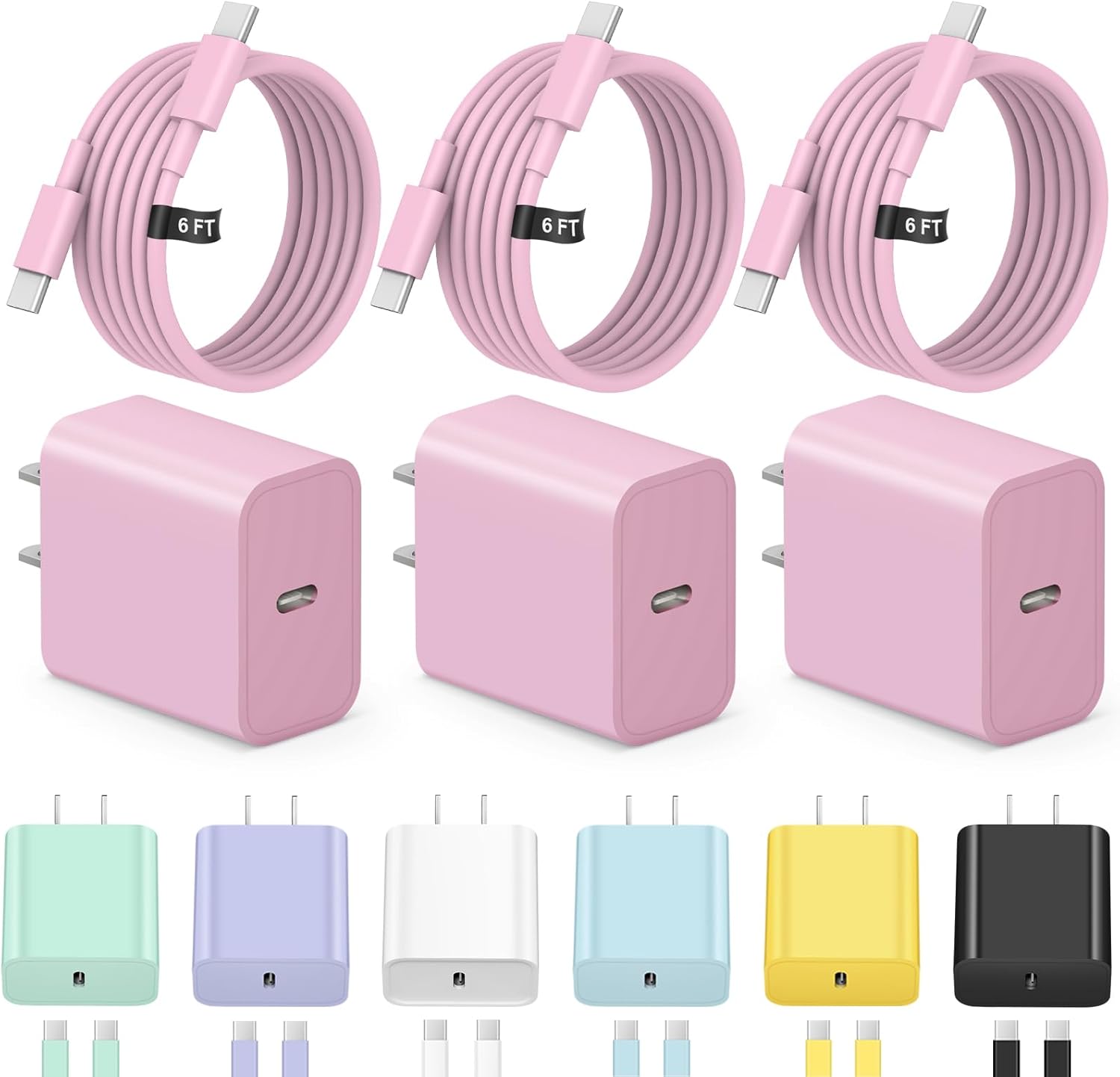 iPhone 17 16 15 Charger Fast Charging 3+3Pack Type C Charger USB C Chargers Block with 6FT Cable for iPhone Air/17/17 Plus/17 Pro/17 Pro Max/16/16 Plus/16 Pro/16 Pro Max/15/15 Pro Max/iPad Pro(Pink)