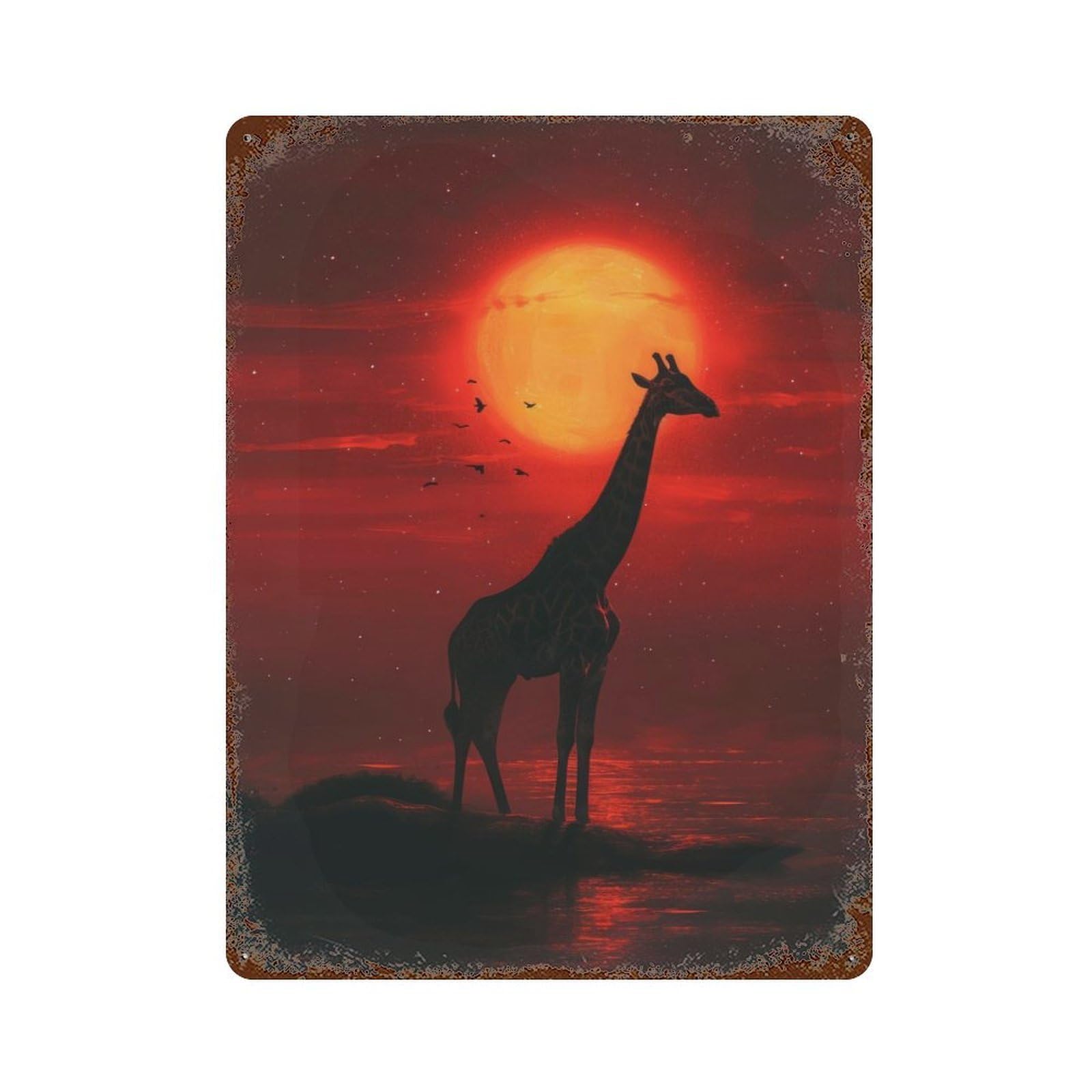 Giraffe Sunset Vista Vintage Rust Metal Sign 15.7"x11.8", for Patio, Garden Room And Bar Decor, Classic Wall Plaque