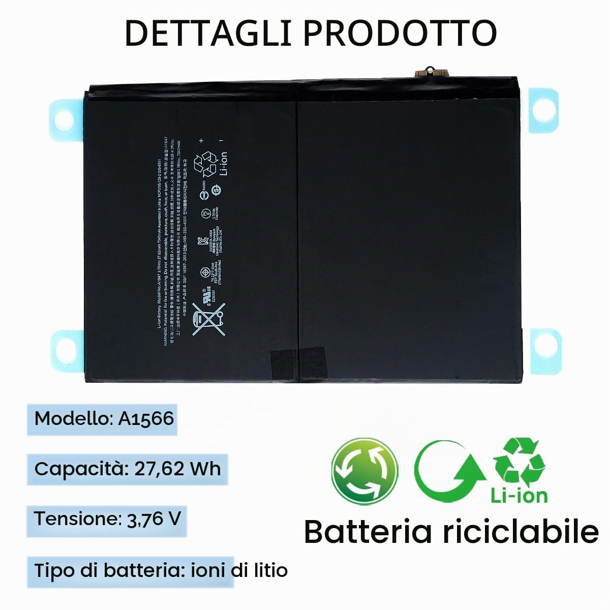 Batteria A1547 compatibile con iPad Air 2 iPad 6 di 6° generazione A1566 A1567 7340mAh 3.76V 27.62Whr con strumento di installazione