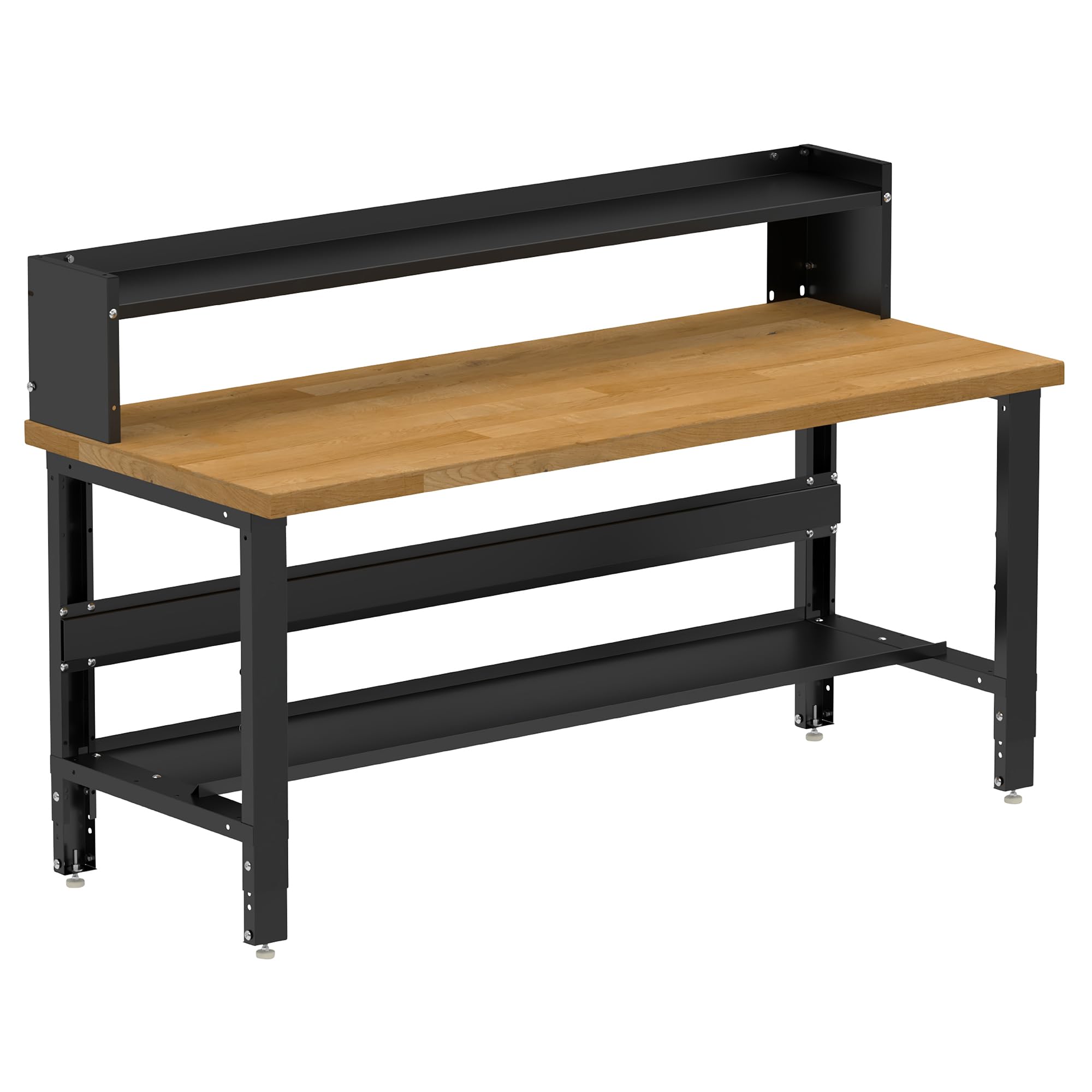 Borroughs 72" W x 30" D Heavy-Duty Industrial Workbench, Maple Butcher Block Top, 2000 LB Capacity, Bottom & Ledge Shelves, Adjustable Height 32-38"