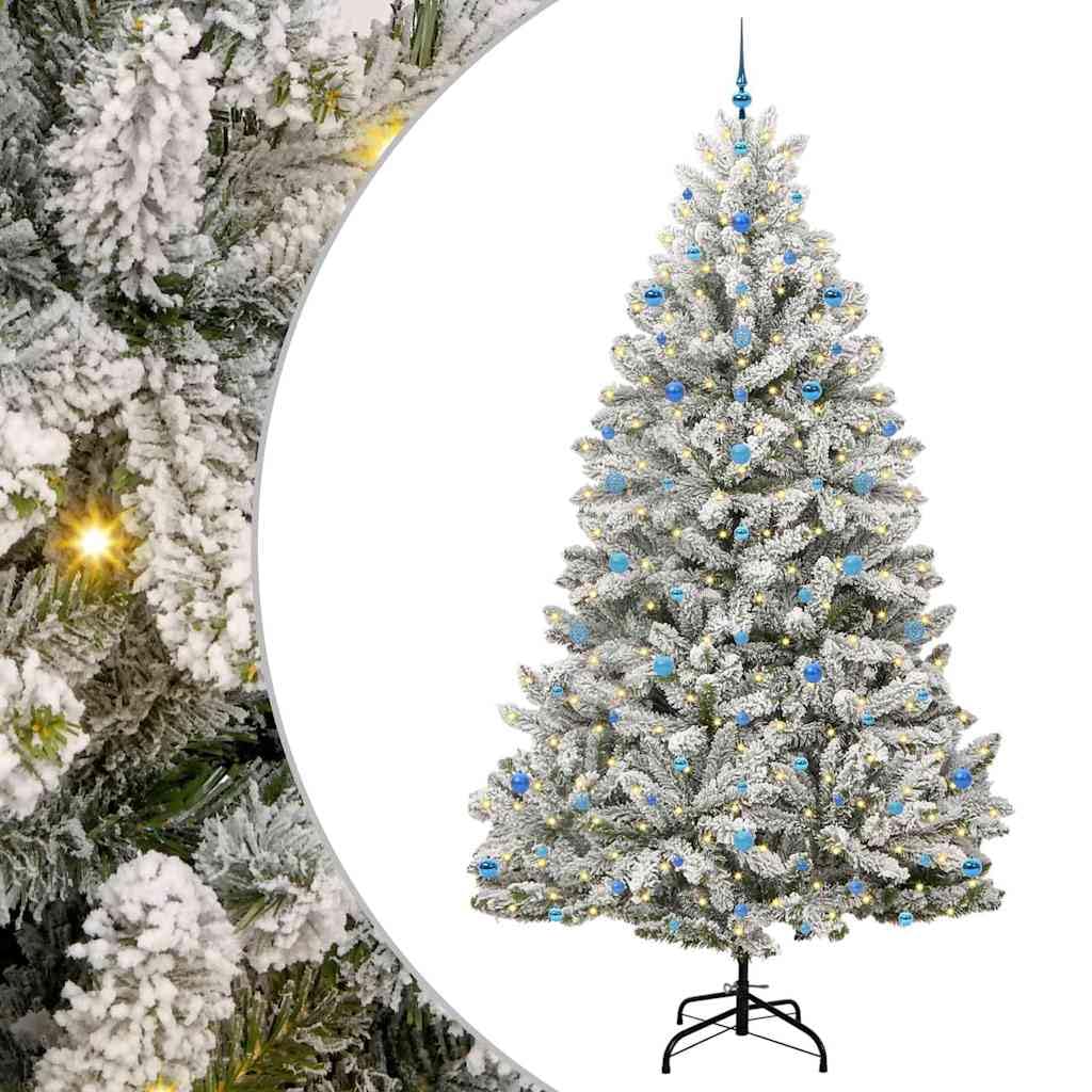 Sztuczna choinka, zielono-biała, 270 cm, metal PCW, wstępnie oświetlona 300 diodami LED o ciepłej białej barwie, łuszczący się śnieg, do wewnątrz i na zewnątrz, w zestawie zestaw bombek