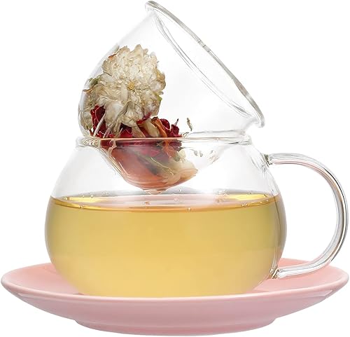 Miniatura 4 de Taza de té de vidrio con bandeja de tapa, filtro infusor para té de hojas sueltas, bonita taza de té en caja de regalo de impresión en color, 11 oz