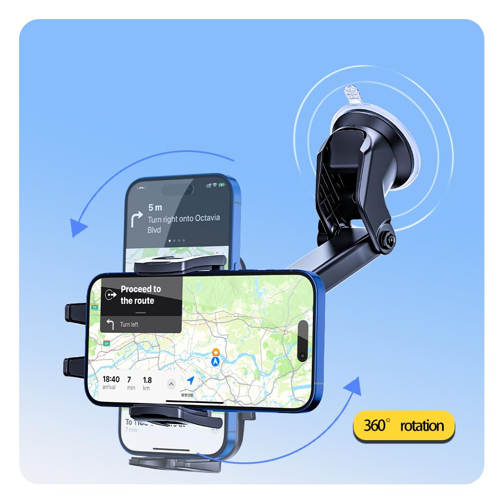 Soporte para teléfono de coche, salpicadero/parabrisas, brazo largo ajustable, ventosa/almohadilla de gel, se adapta a todos los modelos de iPhone y Android