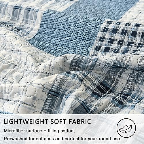 Image of Jarson 3 Piece Plaid Daybed Cover Set Twin Blue Gray White Patchwork Quilted Daybed Bedding Sets Double Side Cozy Sofa Daybed Cover with 2 Shams
