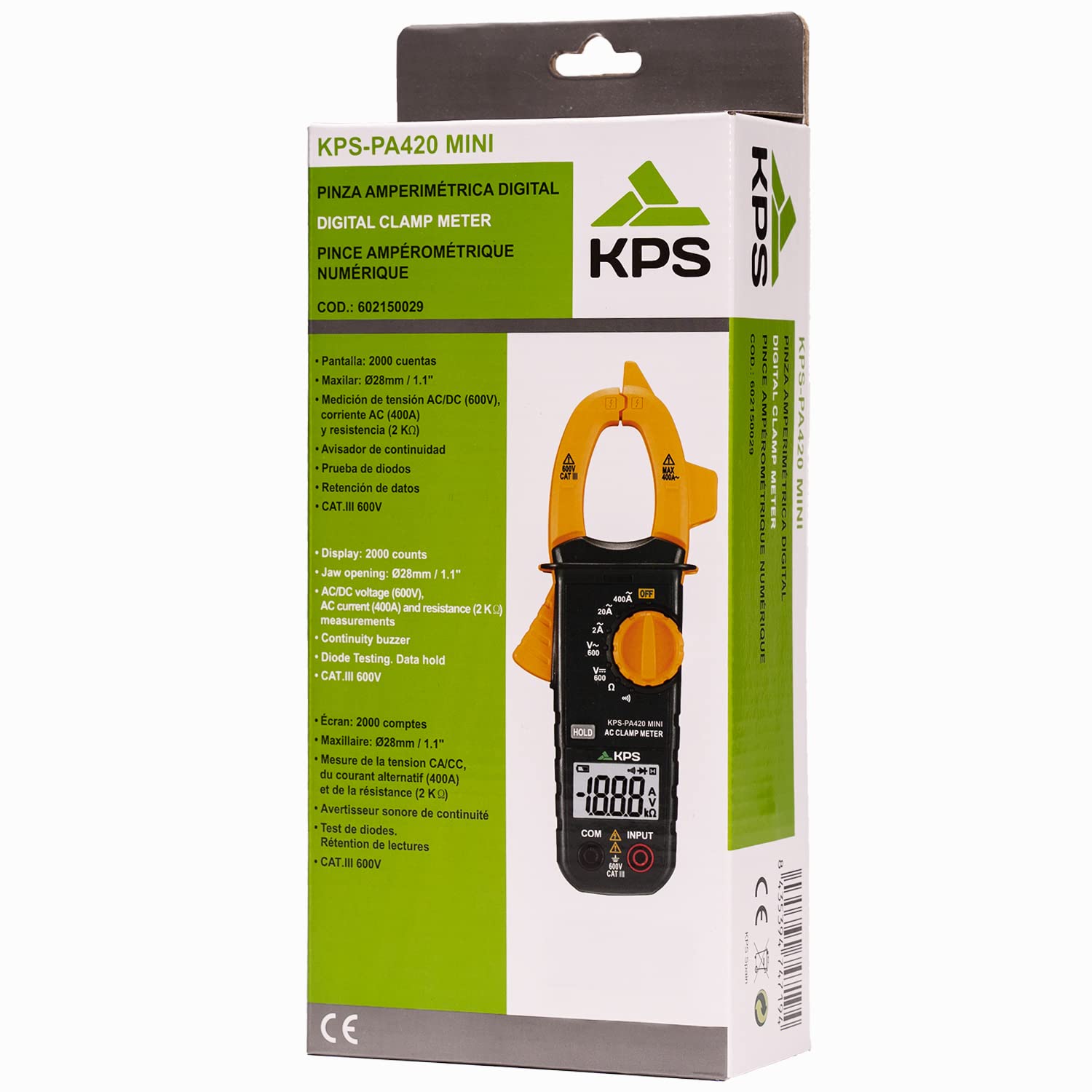 KPS-PA420 Mini Pinza Amperimétrica digital 2000 cuentas, Tensión AC/DC 600V, Corriente AC 400A, y Resistencia 2KΩ, Retención lecturas, avisador de continuidad y prueba de diodos. CAT. III 600V