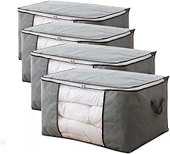 Organizador Kit 4 Bolsas Organizadoras de Tecido Multiuso com Alças Zíper e Visor Transparente Guarde Roupas de Cama Brinquedos Sapatos e Mais (Cinza, Kit 4 Bolsas - 60x40x35cm)