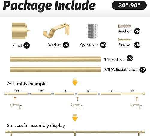 Miniatura 6 de GEEBOBO Paquete de 2 barras de cortina doradas para ventanas de 48 a 84 pulgadas, juego de barras de cortina ajustables de 1 pulgada resistentes y