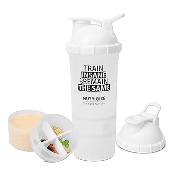 Nutrigize Plastic Protein Shaker Bottle with compartment for protein (White), 600 Ml - image, photos