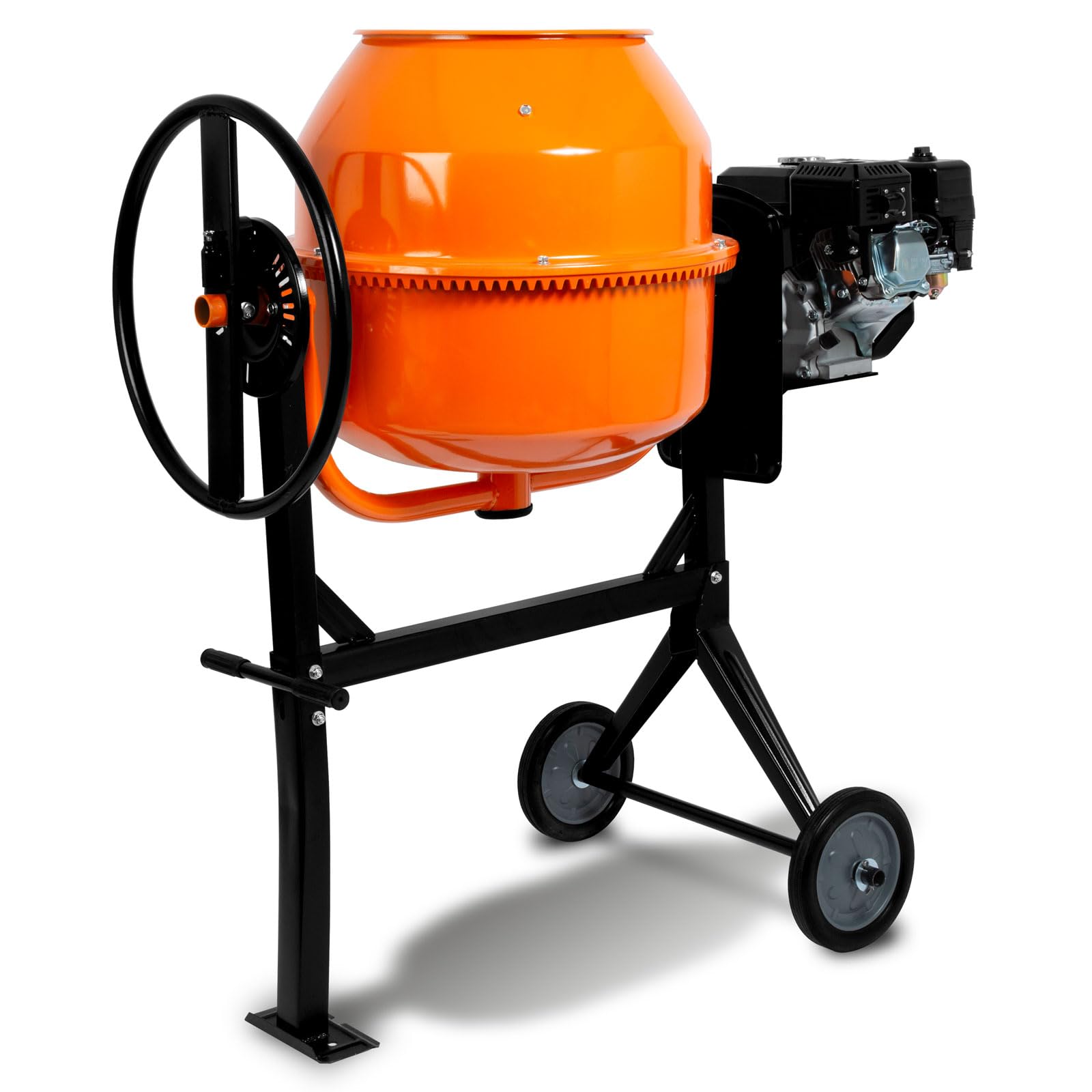 EBERTH 140L Bétonnière essence mobile, moteur essence 6,5 CV, 4 temps, châssis, tambour et couronne dentée en acier, volant blocable, large repose-pieds, bétonnière professionnelle, tambour pivotant