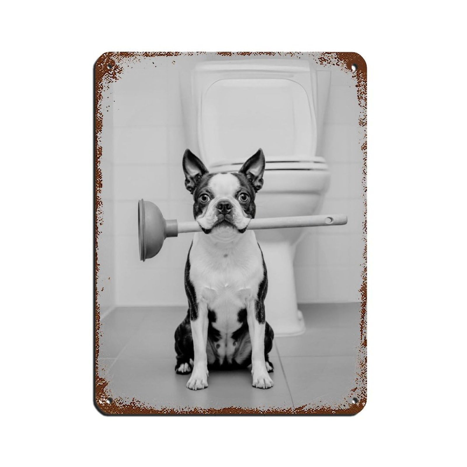 Boston Terrier Bathroom Art, Plumber Dog with Plunger Retro Poster Metal Tin Sign Chic Art Retro Iron Painting Bar People Cave Cafe Family Garage Poster Wall Decoration 12x16inch(30x40cm)