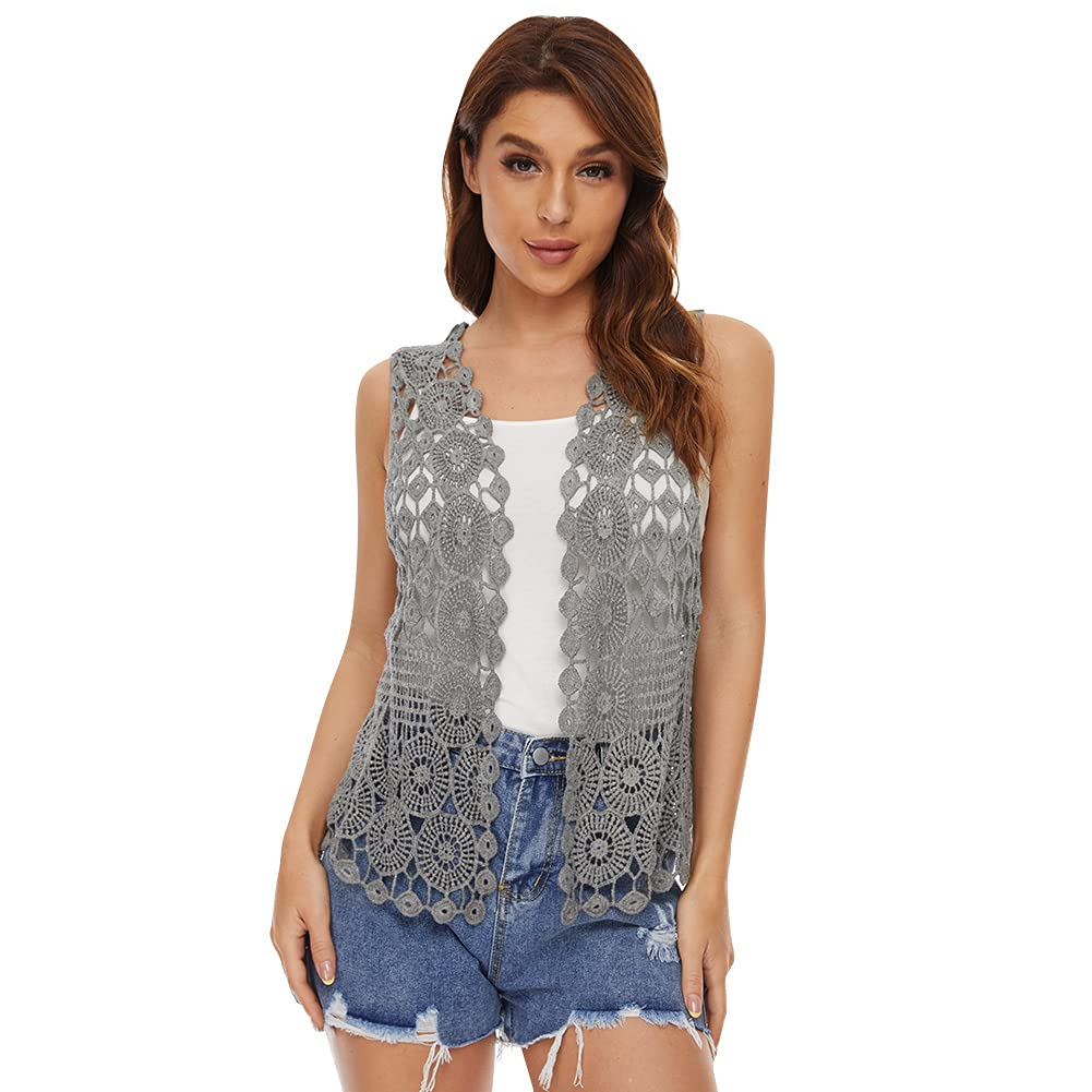 Womens Floral Crochet Lace Boho Trim Sleeveless Open Front Vest Cardigan, Gray, One Size
