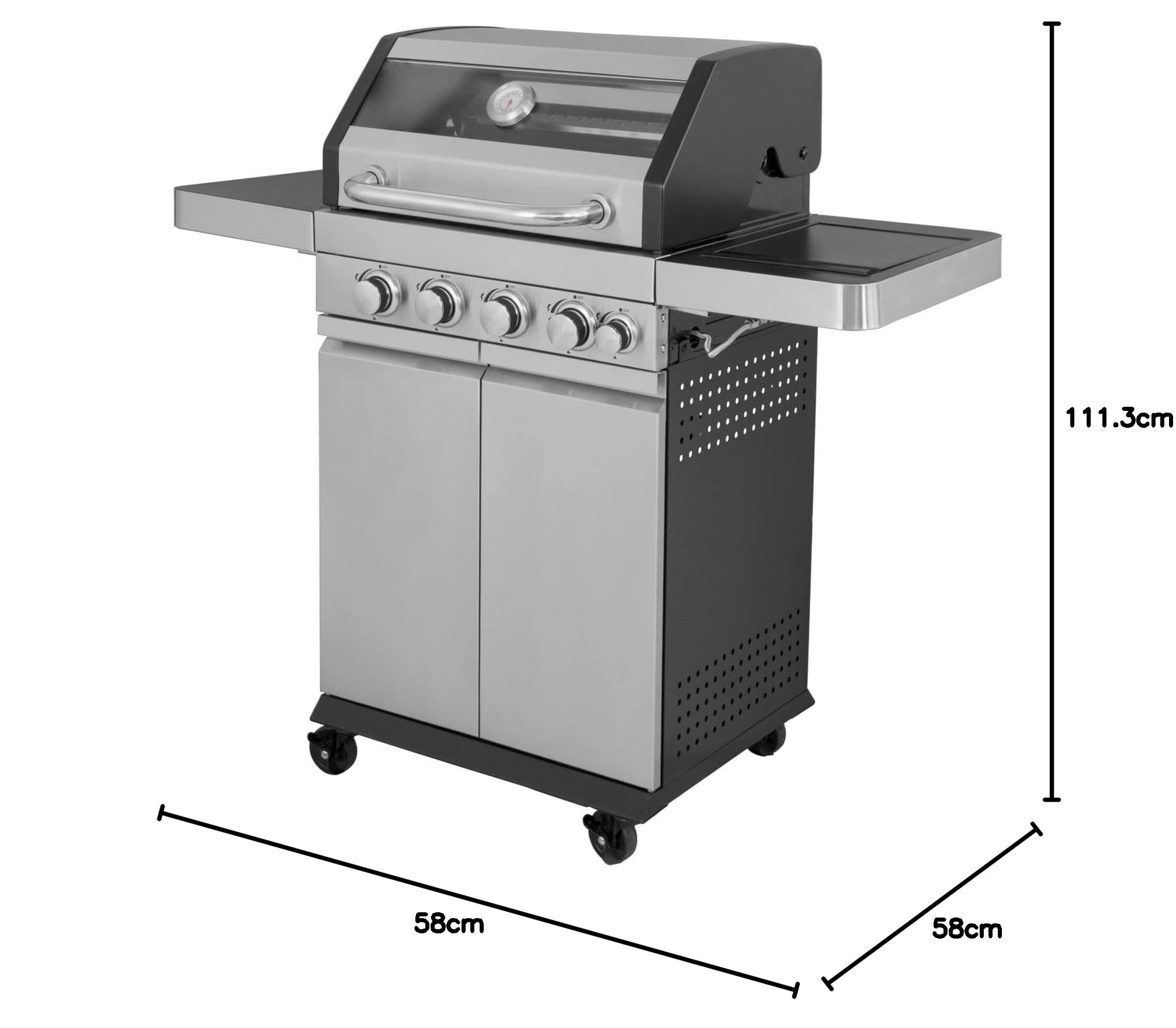Grill gazowy ze stali nierdzewnej "Sunset Beach" 4 + 1 palnik, ruszt do grillowania i żeliwna płyta grillowa, półka boczna do składania