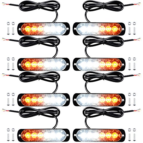 8x Universal Ultra Slim 6 LED White/Amber Emergency Warning Beacon Hazard Strobe High Power 16 Flashing Light Compatible with Car SUV Van Truck