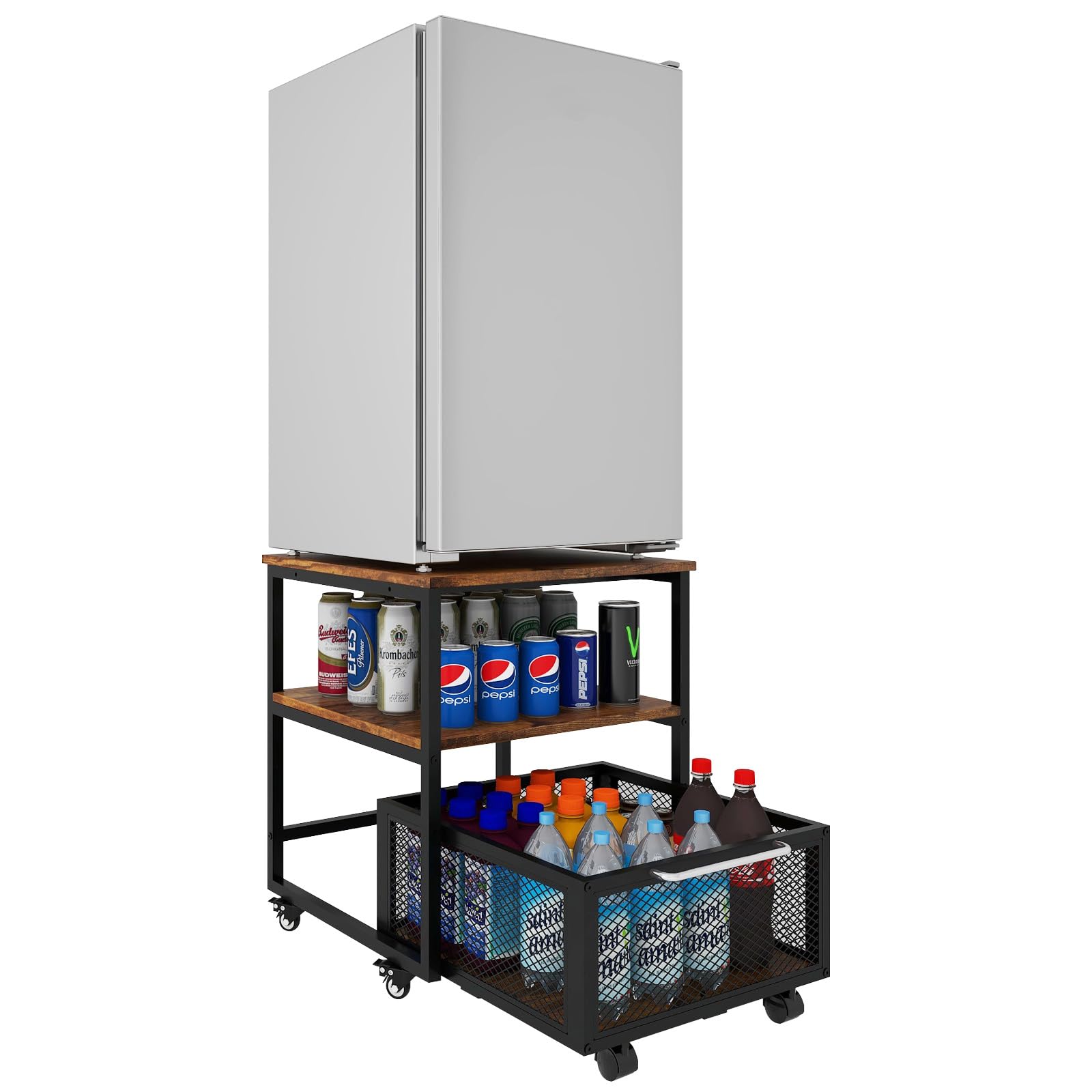 PUNCIA Support de Réfrigérateur 50x50x60cm avec Panier à Tiroir Roulant Plateau de Mini Frigo Portable Armoire à Café avec Grande Capacité Étagère Debout Table pour Chambre Cuisine(Marron)