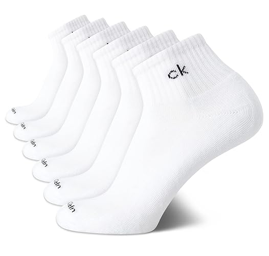 Calvin Klein Men's Quarter Socks - 6 Pack Cushioned Mini Crew Athletic Socks for Men, Ideal for Running, Sport, and Hiking - 7-12 - White